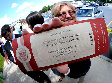 Donna Lynch, Shenendehowa Teachers Association, holds up her ticket to see Vice President Joe Biden at her high school on July 9. Photo by Steve Jacobs.