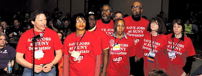 UUP members, led by UUP President Fred Kowal, speak in support of a resolution supporting SUNY Downstate Medical Center. Photo by Michael Campbell.