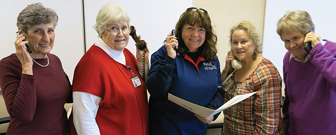 NYSUT retirees Ronnie Green, Alma Cormican, NYSUT Board member Florence McCue, Carol McPartlan and Kay Staplin get ready to man the phones before Election Day.