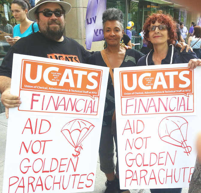 UCATS Vice President Christopher Crowe and shop stewards Joan Randolph and Barbara Bova urge NYU President John Sexton to decline a bonus and instead help students with financial aid. 
