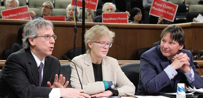 From left: PSC’s Vice President Steve London and President Barbara Bowen, and UUP President Fred Kowal testify before a joint legislative panel.