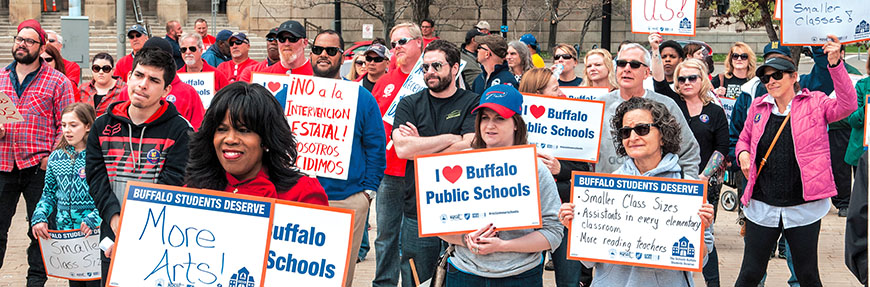 Several hundred people show up for the Buffalo Students Deserve Rally in Niagara Square. Photo by Dennis Stierer.