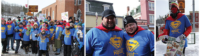 Clockwise from above: Educators from Saranac Lake, Lake Placid, Chateaugay and Northern Adirondack brave sub-zero weather to show their union pride and support for public education during the Saranac Lake Winter Carnival “Superheroes and Villains” parade in February; Saranac Lake TA co-President Don Carlisto and NYSUT Secretary-Treasurer Martin Messner; SLTA member Maria DeAngelo carries her “kid power” poster. Local union members also handed out “First Books” to children during the winter carnival. To read the story and see more photos, visit www.nysut.org.