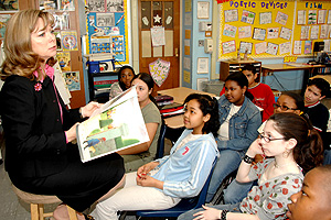 Izzo often uses popular children's books to teach students about verbs, nouns and other language components. History-themed books help her integrate social studies concepts.