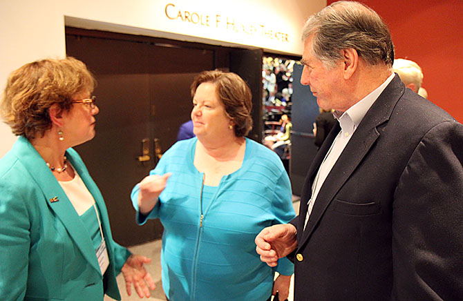 NYSUT Vice President Catalina Fortino (left) chats with Assembly Education Committee Chair Cathy Nolan and Buffalo Teachers Federation President Phil Rumore. Photo by Andrew Watson.