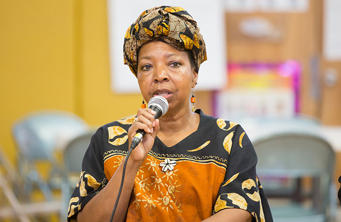 Darlene McClendon speaking at a Hoosick Falls forum as part of the “Mothers of Flint Tour” Oct. 6.