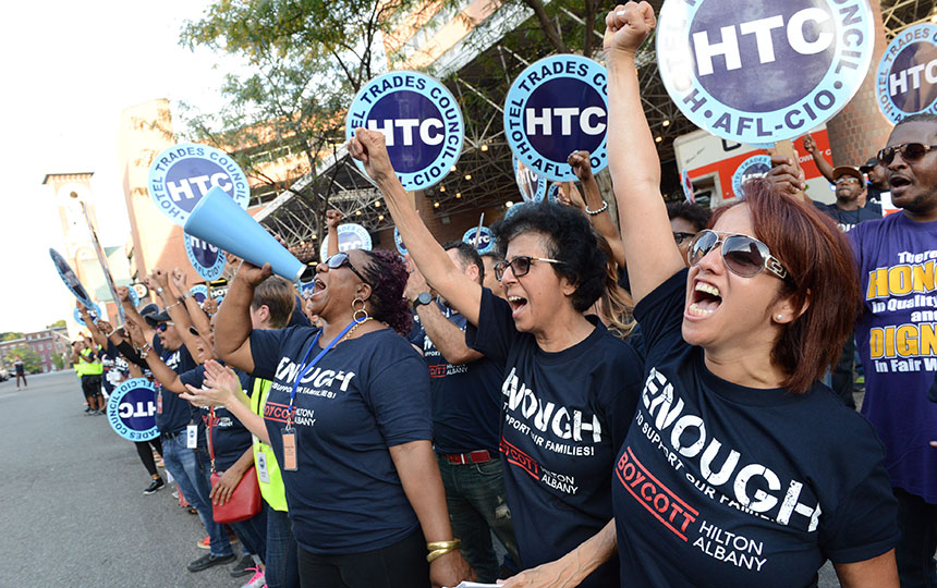 hilton albany workers rally