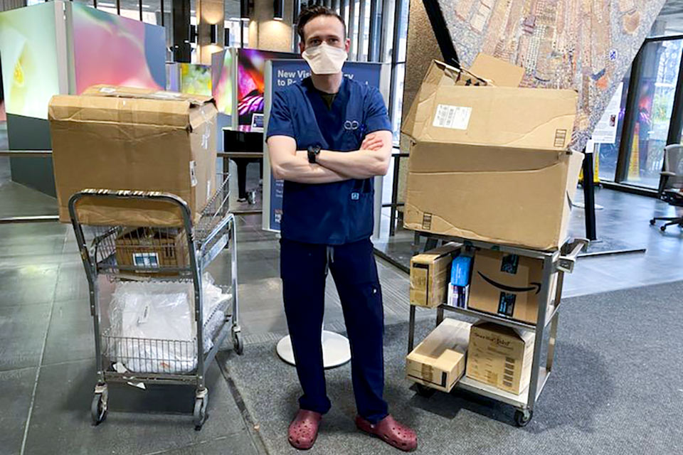 Bellevue Hospital ICU nurse Steven Trust, an adjunct instructor at Kingsborough, delivered much needed donations of personal protective gear. Photo provided.