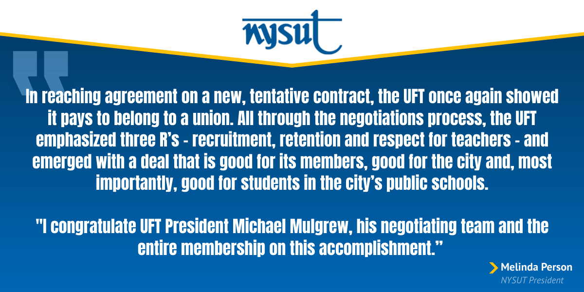 Statement by NYSUT President Melinda J. Person on UFT contract agreement 