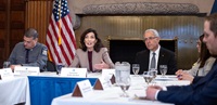 Gov. Kathy Hochul and NYSUT President Andy Pallotta at Firday's briefing on school safety.
