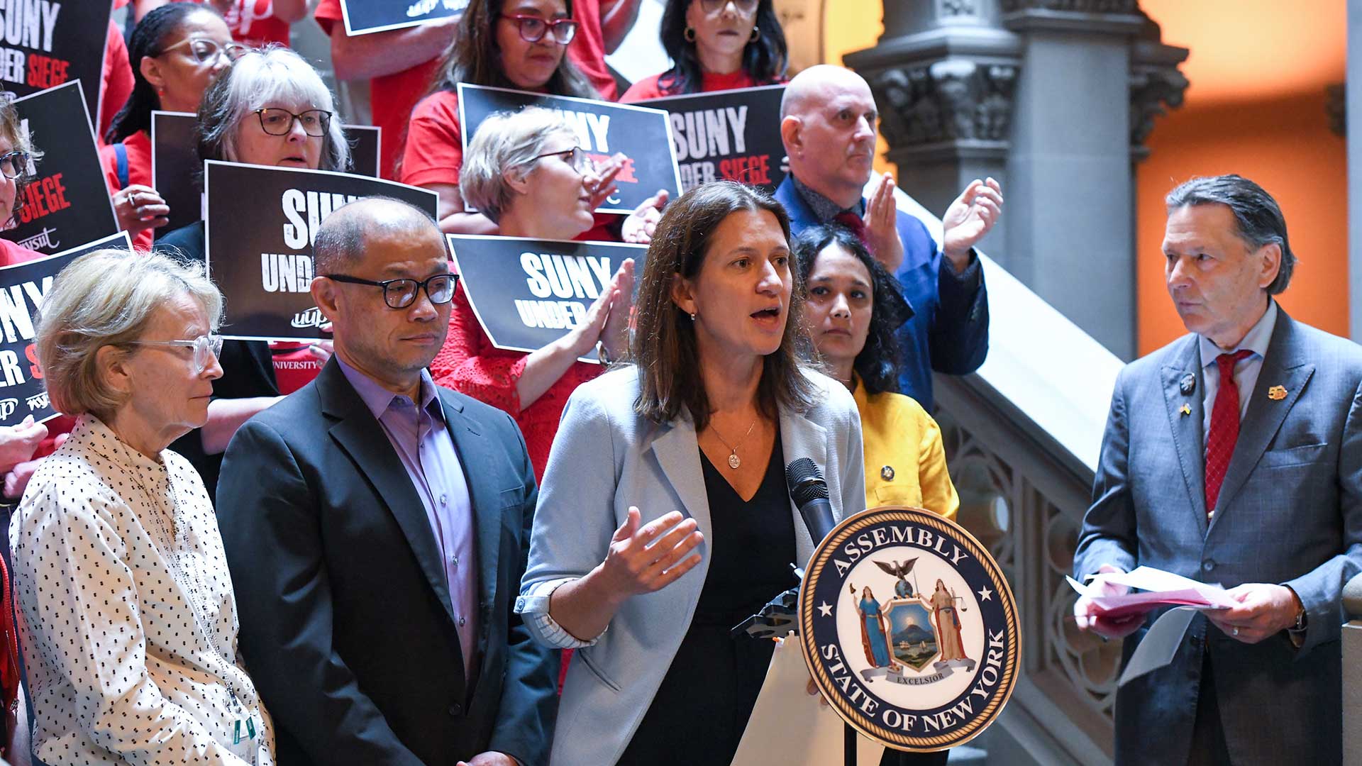 NYSUT President Melinda Person joined United University Professions and legislators from around the state at a press conference to push for SUNY to fairly and equitably distribute funds from the SUNY budget to 19 SUNY campuses facing multimillion-dollar structural deficits.