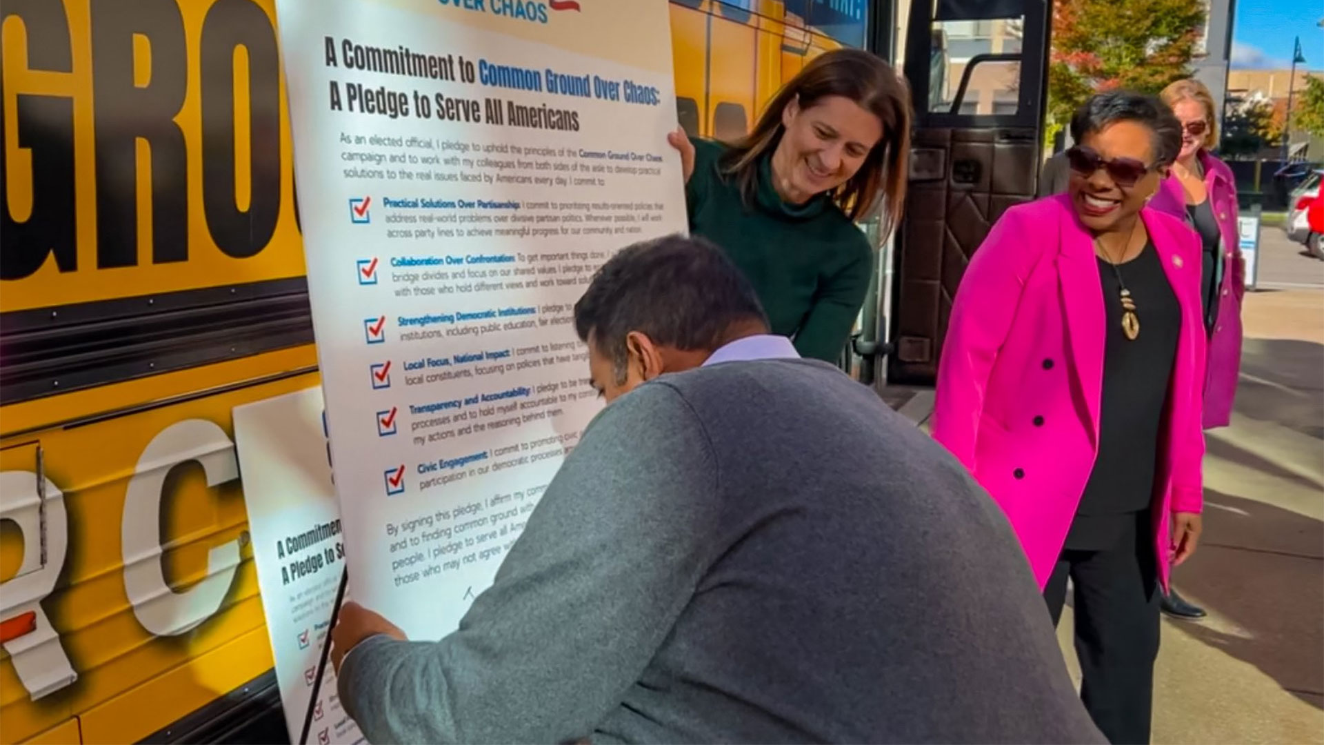 NEA President Becky Pringle boards NYSUT's Common Ground Over Chaos Bus 