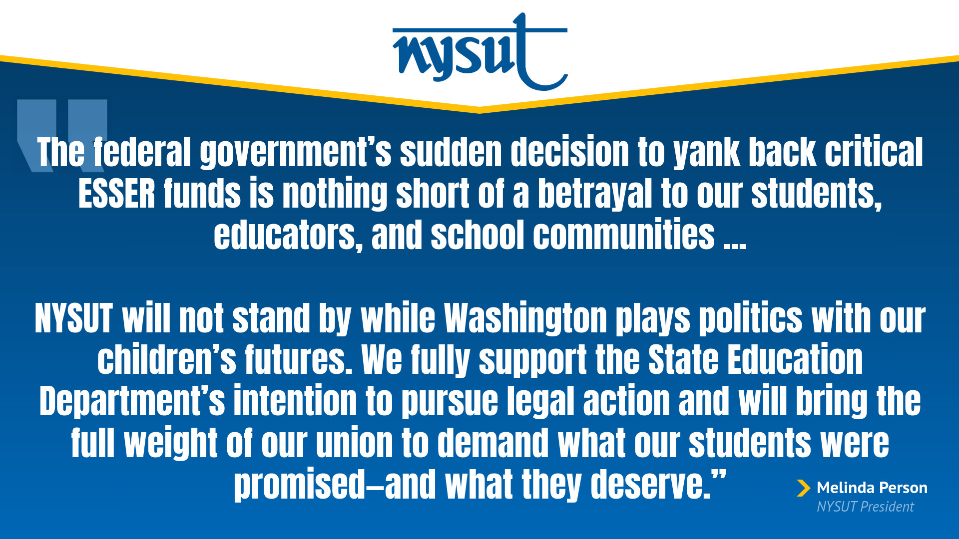NYSUT President's Statement on the U.S. Department of Education rescinding Elementary and Secondary School Emergency Relief (ESSER) spending extensions