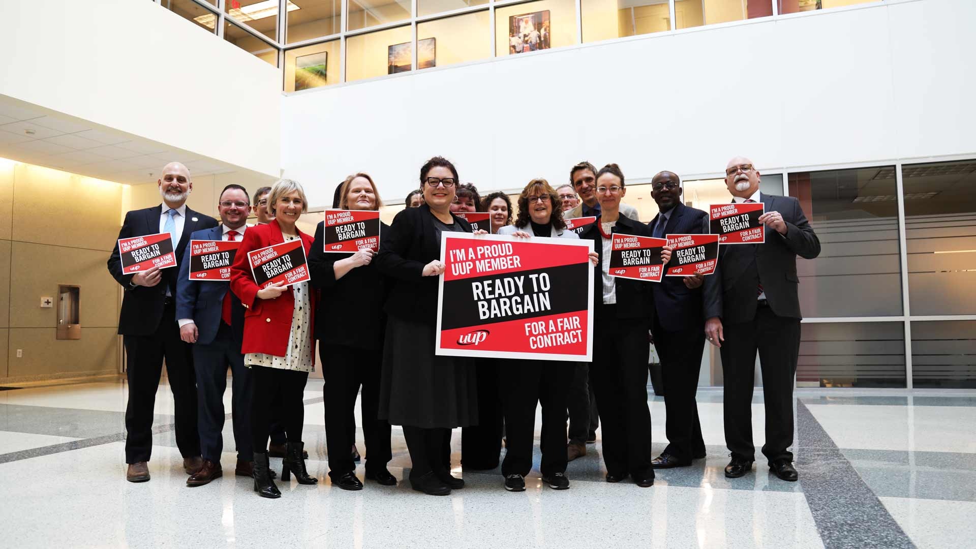 UUP members stand united at the Albany kick-off event, marking the start of contract negotiations with New York state and showing strong solidarity for a fair, on-time agreement.
