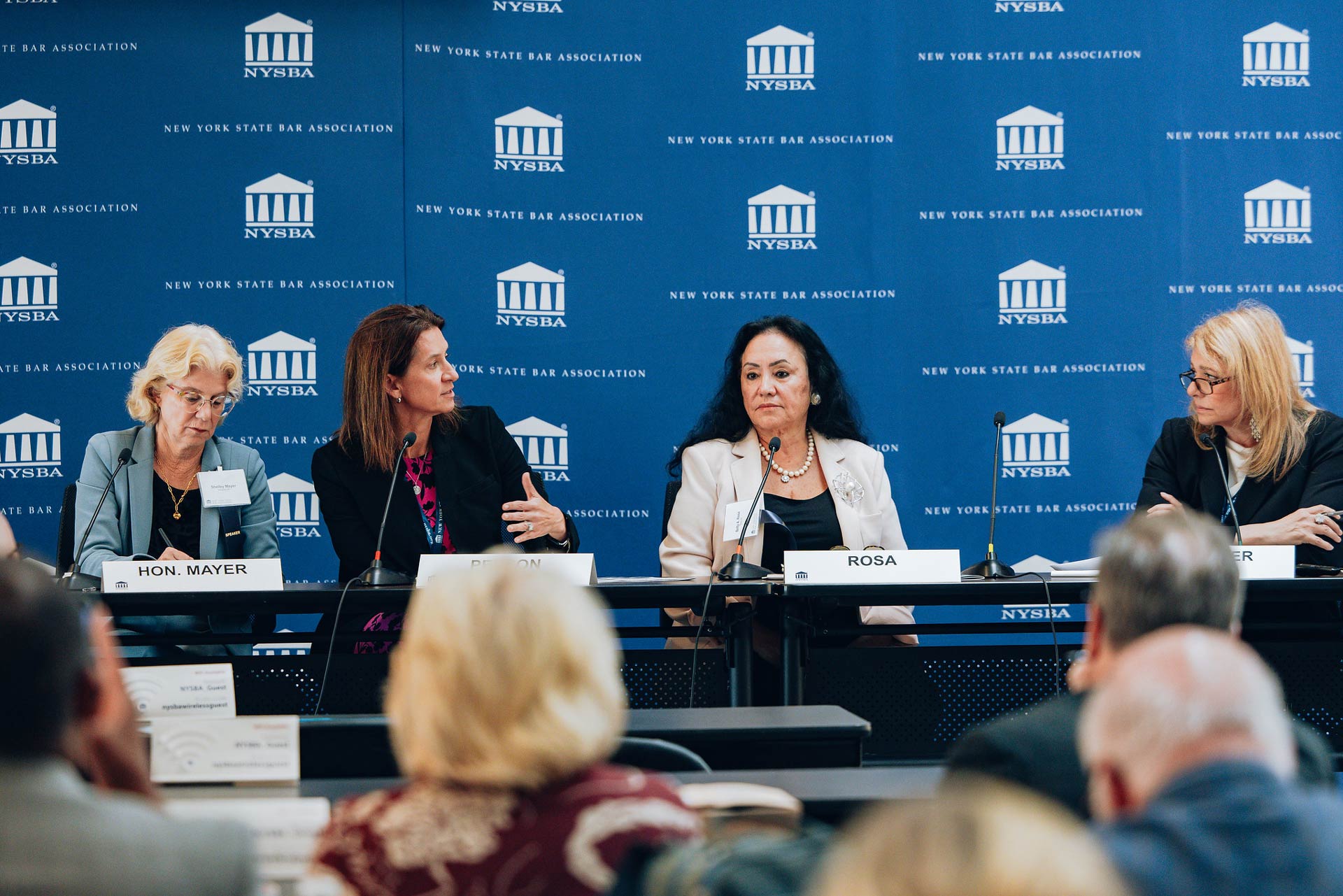 NYSUT President Melinda Person joined a panel alongside New York State Senator Shelley Mayer (left) and New York State Education Commissioner Betty Rosa (second from right) for a panel on media literacy and civics education at the New York State Bar Association. The panel was moderated by Spectrum News TV Anchor Susan Arbetter (right). Photo Credit: El-Wise Noisette.