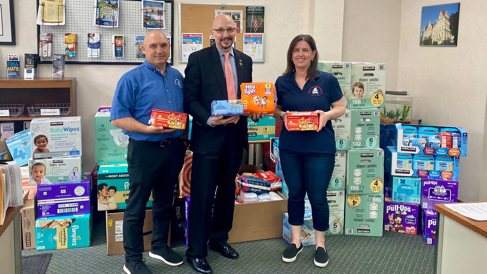 Baby supply donations at NYS Dean Senator Murray’s (center) office with Bellport TA President Pat Brady (left) and Shannon Kulick, First VP Bellport TA. The drive was organized by Senator Murray’s office. 