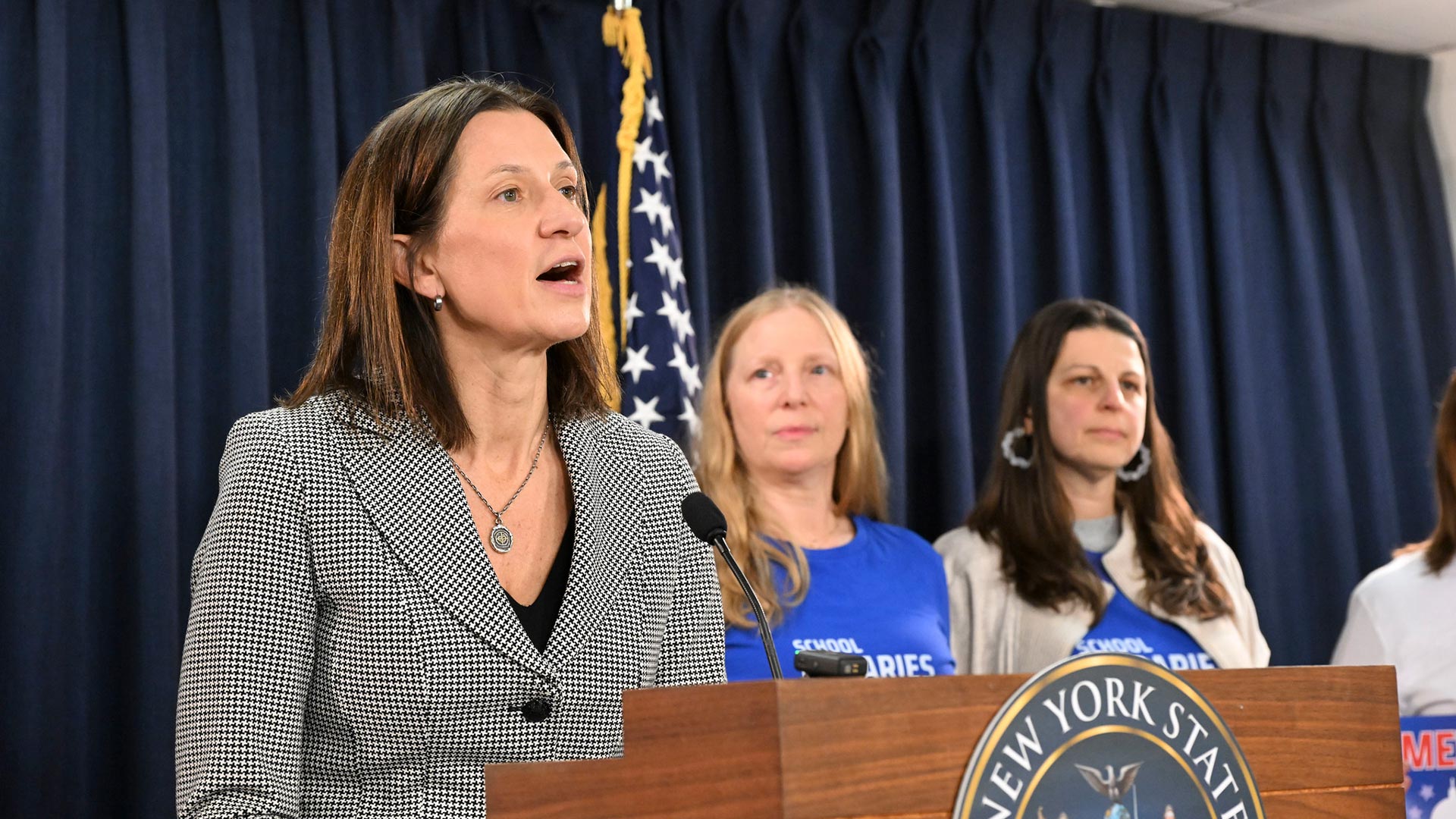 NYSUT President Melinda Person speaks about the importance of media literacy and civics education at press conference at the Legislative Office Building in February. 