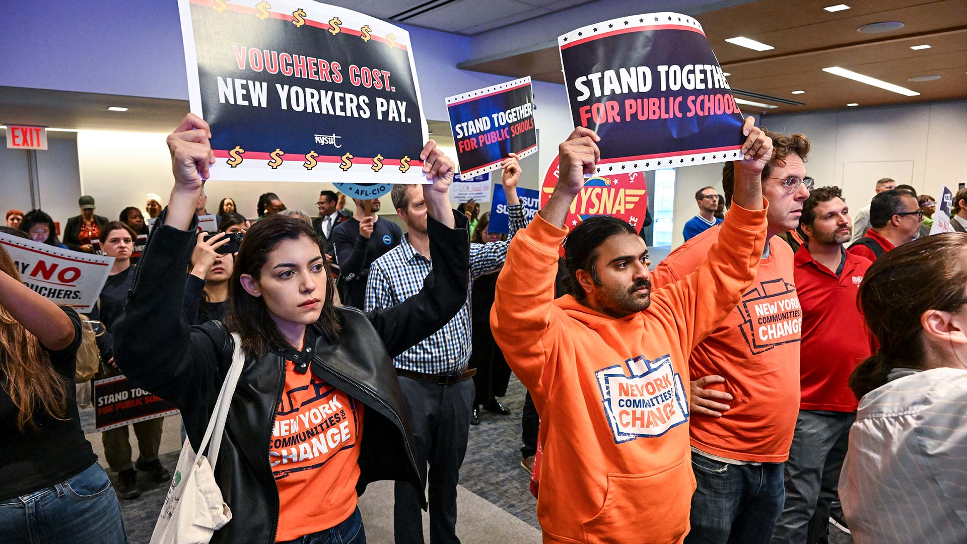 Hundreds of labor, education, parent and civil rights advocates gathered in Manhattan to call on Gov. Hochul to reject the federal private school voucher program and protect funding for New York’s public schools.