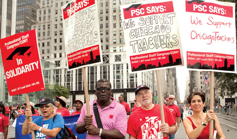 NYSUT locals across the state, including members of the Professional Staff Congress, above, showed their support for the Chicago Teachers Union during its seven-day strike.