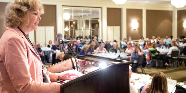 NYSUT Vice President Kathleen Donahue engages School-Related Professionals on a variety of topics, including health care, during their recent conference.