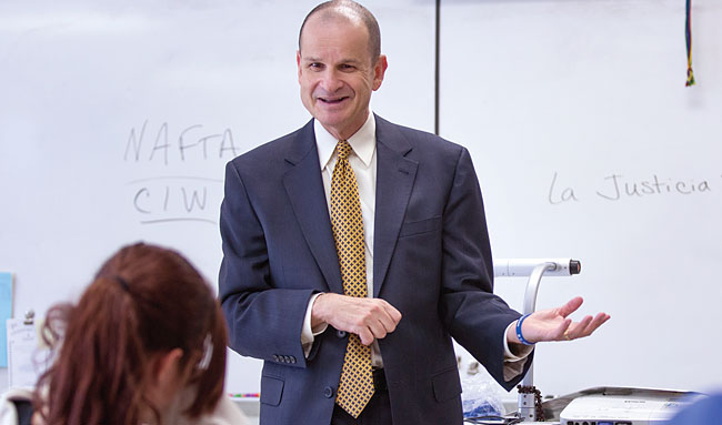 NYSUT Secretary-Treasurer Lee Cutler talks about social justice issues to students in Spanish teacher Diana Zuckerman’s class at Rondout Valley High School. Zuckerman is a member of the Rondout Valley FT.
