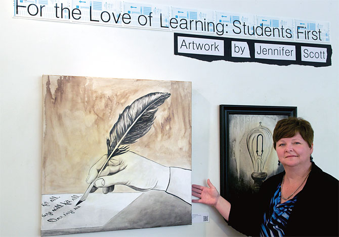 Jennifer Ohar Scott, high school art teacher and member of the Medina TA, created a collection of artwork that reflects her views on Common Core testing and what it does to students. At left is “One Size Will Not Fit All.” At right is “Bad Science.” Both are oil on canvas. The collection was on display at the 464 Art Gallery in Buffalo.
