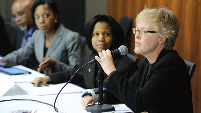 PSC President Barbara Bowen, right, speaks during a panel on income inequality and its impact on public higher education during a conference of the New York State Association of Black and Puerto Rican Legislators. She is joined by, from left, Candelario Franco, UUP Old Westbury; Stephanie Wood-Garnett, assistant commissioner for the Office of Higher Education of the State Education Department; and Cheryl Hamilton, UUP Stony Brook. Photo by El-Wise Noisette. 