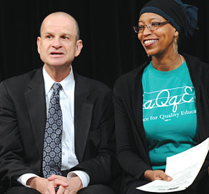 NYSUT Secretary-Treasurer Lee Cutler joins Zakiya Ansari, advocacy director for the Alliance for Quality Education at a 