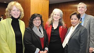 NYSUT VPs Kathleen Donahue and Maria Neira join Saratoga-Adirondack BOCES leaders Sandy Carner Shafran, Ruth Shippee and Cliff Brosnan as they prepare to visit with lawmakers. Photo by El-Wise Noisette.