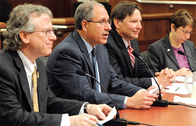 PSC First Vice President Steve London, NYSUT Executive Vice President Andy Pallotta, UUP President Fred Kowal and UUP Vice President Jamie Dangler testify about edTPA during a legislative meeting. Photo by El-Wise Noisette.