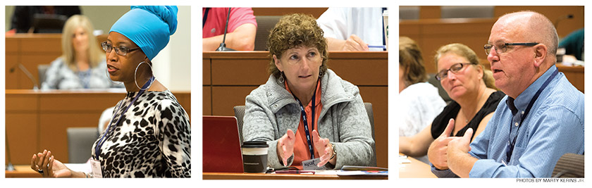 Left to right: Zakiyah Ansari, advocacy director of the Alliance for Quality Education, addresses NYSUT’s newly designated communications ambassadors, including Stacey Caruso-Sharpe, Amsterdam TA; and Donna Kart, Wappingers Congress of Teachers, and John O’Gorman, Fairport TA. Photos by Marty Kerins Jr.