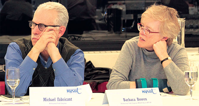 PSC leaders Michael Fabricant and Barbara Bowen at the most recent Higher Education Policy Council meeting.