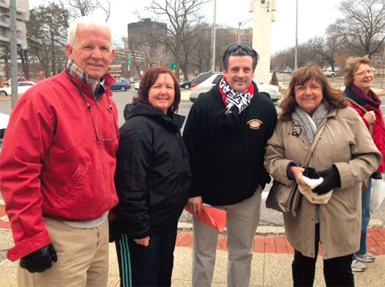 Raising awareness at an April “Refuse the Test” rally in Westchester County are ED 16 Director Jeff Yonkers, Mount Vernon Federation of Teachers president; Kerry Broderick, White Plains Teachers Association president; Nate Morgan, Hastings TA president; and Florence McCue, ED 51-53 at-large director.