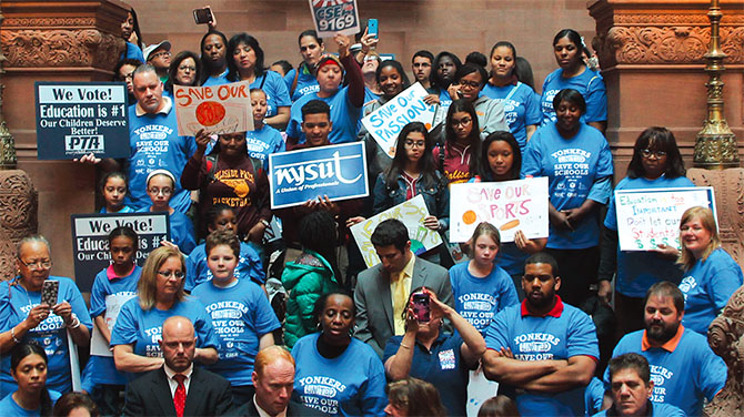 Students, parents and educators from Yonkers gather at the Capitol to advocate for more school funding to help close a budget gap. Photo by Nicholas Dicocco. 
