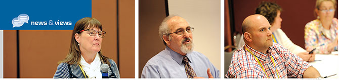 From left: Eleanor Russell, Roslyn TA president, poses a question during a workshop updating critical issues facing education; Eric Kingson, author and professor at the Syracuse University School of Social Work, leads a workshop to debunk the myth that Social Security is insolvent; Toby Coleman, Waterloo EA president attends a workshop on member mobilization. Photo by El-Wise Noisette.