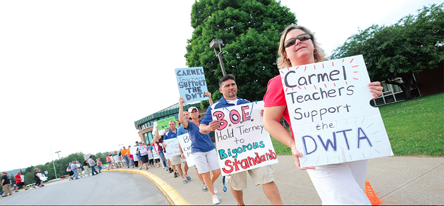 Members of the Carmel TA and Dover’s unionized highway department join Dover-Wingdale TA members and Dover parents in supporting embattled librarian and union leader Patrick Stevens.