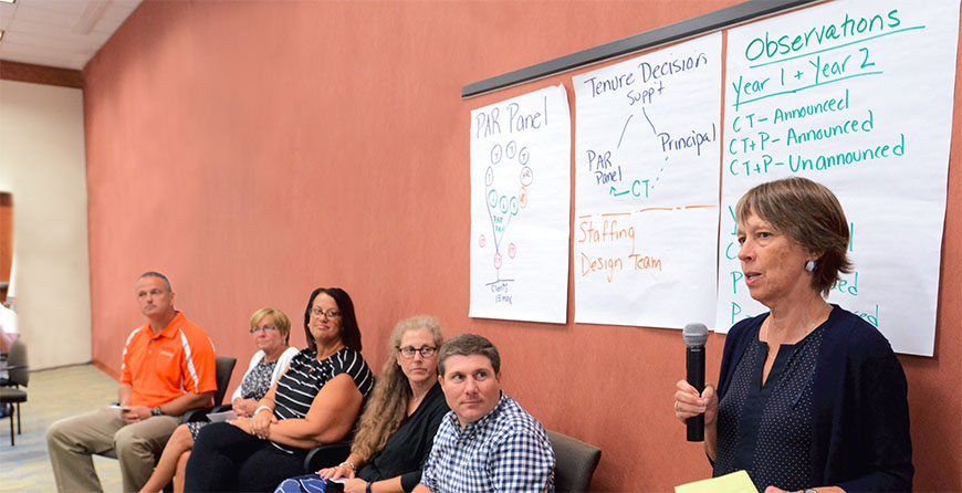 Plattsburgh principal Jamie LaBarge; Mary Lou Megarr, Plattsburgh TA; Laura Franz, Albany PSTA; and Lisa Goldberg and David Babikian, North Syracuse EA, listen to Harvard professor Susan Moore Johnson talk about the components of peer observations