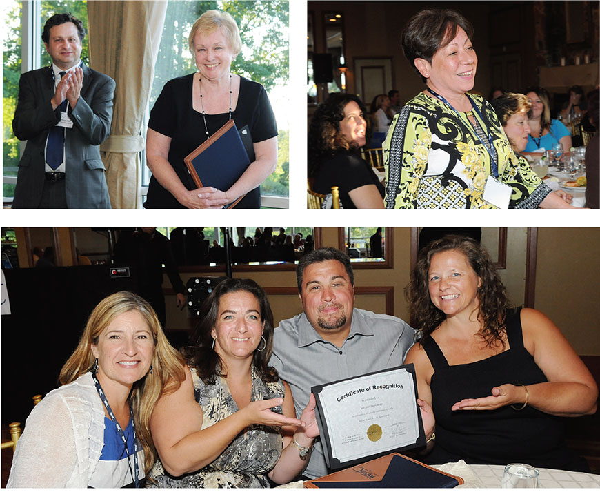 NYSUT Vice President Paul Pecorale applauds SRPs Barbara O’Brien, Office Staff Association of South Huntington and Janet Maldonado, Brentwood Clerical Association; Shelter Island Faculty Association member Jeremy Stanzione is congratulated by his wife, Stacey, second from left; SIFA building rep Michelle Weir, left; and SIFA member Janine Mahoney during a summer SRP Recognition dinner hosted by NYSUT’s Suffolk Regional Office.