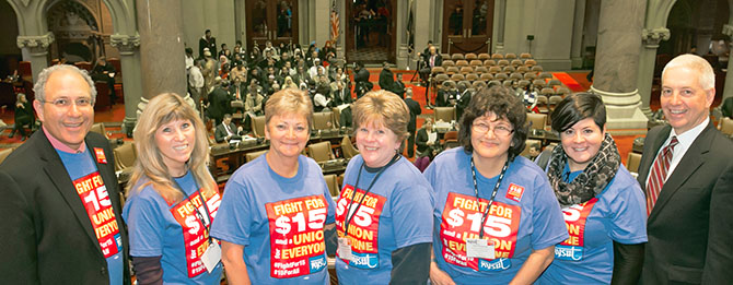 From left, NYSUT Executive Vice President Andy Pallotta, NYSUT members Karen Arthmann, Donna Arno, Penny Vanderlinde, Joyce Dziekonski and Christine Meyer with Assemblyman Bob Oaks, R-Macedon.