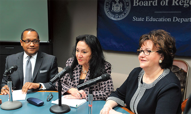 Regents Vice Chancellor T. Andrew Brown, Chancellor Betty Rosa, both newly elected, and Education Commissioner MaryEllen Elia respond to questions from the media.