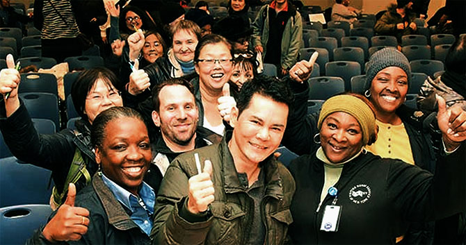 Visiting nurses, all members of the Federation of Nurses, a UFT chapter, celebrate after voting to ratify a hard-fought contract.