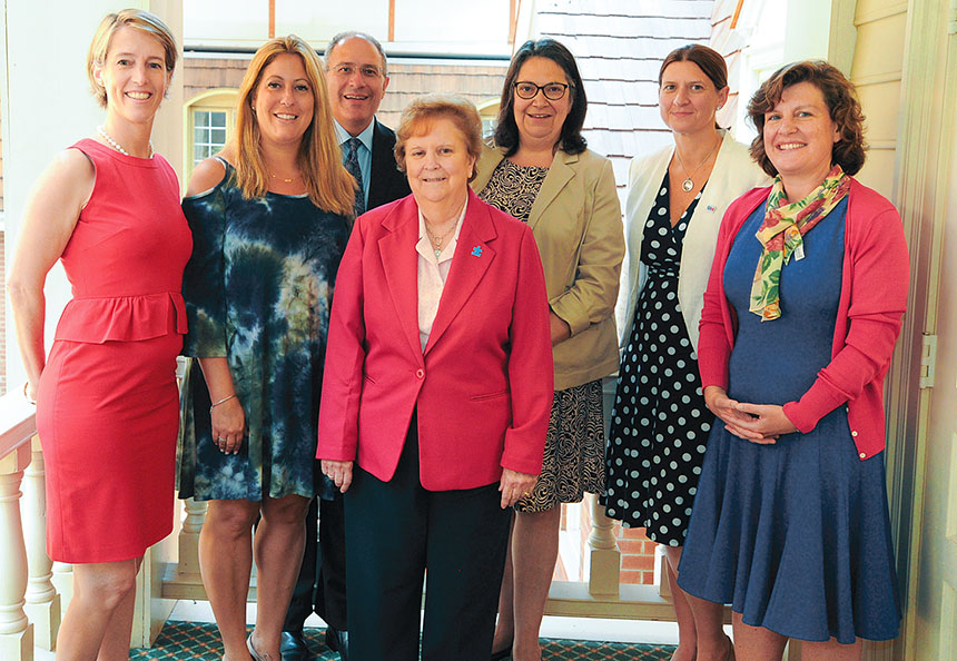 Distinguished guests join a panel to discuss women in politics during NYSUT’s endorsement conference. From left: Zephyr Teachout, NYSUT’s candidate in the 19th Congressional District; Lesli Deninno, Lynbrook school board; NYSUT’s Andy Pallotta, Janet Duprey, state Assembly; Dia Carbajal, Auburn City Council; NYSUT’s Melinda Person, and Syracuse Mayor Stephanie Miner.