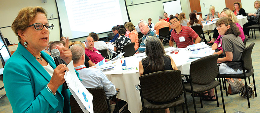 NYSUT Vice President Catalina Fortino, left, addresses member activists at the 2016 New Local Presidents Conference. The event, held every two years at NYSUT headquarters, highlights the many services and supports available to local leaders through the state. NYSUT President Karen Magee, Executive Vice President Andy Pallotta, Vice President Paul Pecorale and Secretary-Treasurer Martin Messner also gave presentations. Geoffrey Maliszewski, who co-leads the Galway Teachers Association with Melanie McDonald, was eager “to learn more about statewide trends and the issues impacting teachers. We’ve always been involved in our union, but this is our first time leading.” Sharon Stone, president of the Minerva TA, said small locals have a lot to offer. “We have lots of small schools upstate doing really innovative things to remain viable,” said Stone, who represents 23 members in the 125-student pre-k-12 district. “We want to stay on NYSUT’s radar.”