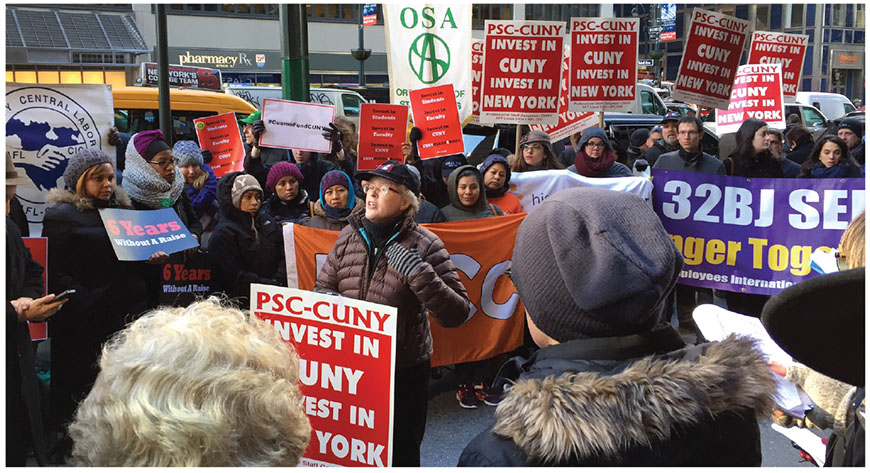 PSC President Barbara Bowen, center, tells the crowd at a New York City rally: “CUNY should be at the center of any plan for a progressive future for New York.”