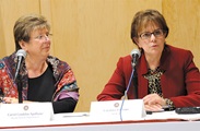 Sleepy Hollow High School Principal Carol Conklin-Spillane, left, and NYSUT VP Catalina Fortino, both members of the governor’s Common Core Task Force, preside over a town hall meeting in Lake Placid. Photo by El-Wise Noisette.