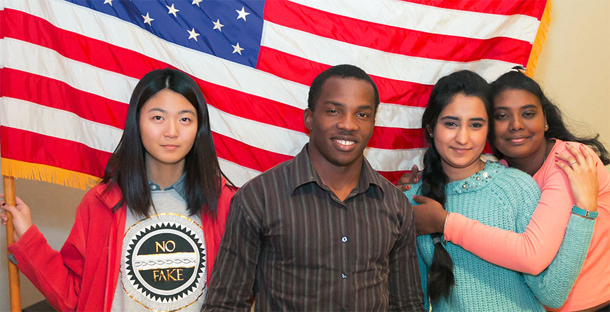 Students, from left, Eun Jung Lee, Serge Carms, Mah Rukh and Sabrina Balram talk about what it’s like to be undocumented and separated from family during a panel discussion that followed a screening at NYSUT headquarters of the documentary “I Learn America.”