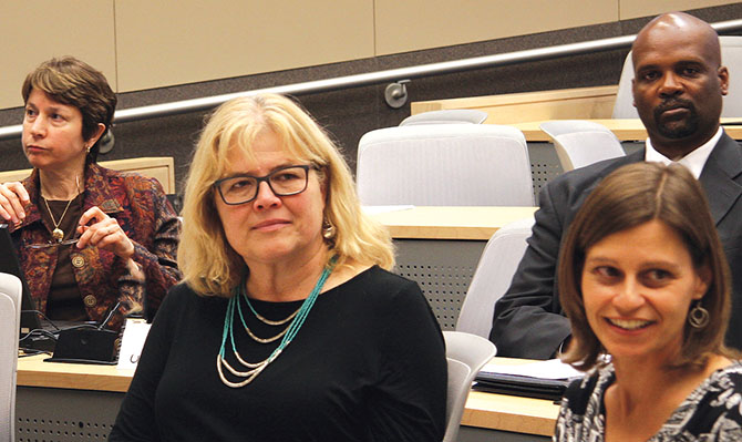From left, UUP Vice President for Academics Jamie Dangler; Sue Robb, an associate dean at SUNY Brockport; and University at Buffalo’s Patricia Recchio, teacher certification officer, and Jevon Hunter, assistant professor. Photo by Darryl McGrath.