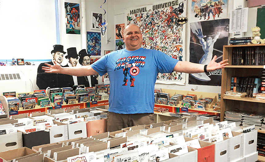 Schenectady FT member Walter Mahoski has built a library of 8,000 books in his art classroom. Photo by Liza Frenette