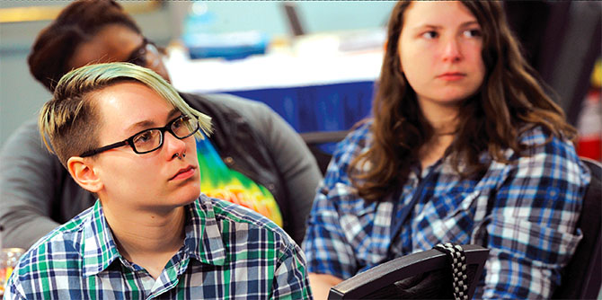 LGBTQ activists, from left, Ellenor Durham and Rave Stein, prepare to lobby. Photo by El-Wise Noisette.