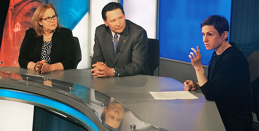 In an interview with Capital Tonight’s Liz Benjamin, right, NYSUT President Karen E. Magee and UUP President Fred Kowal condemn the SUNY chancellor’s top-down approach to teacher ed reform. Photo by Mike Lisi.